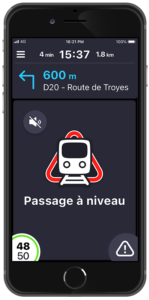 Aperçu d'une alerte passage à niveau sur l'application Coyote